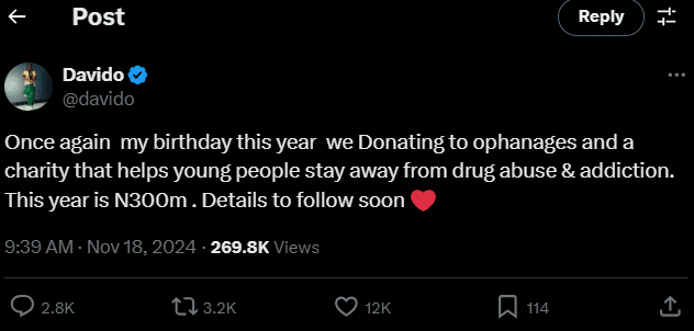 Davido célèbre son anniversaire avec une œuvre caritative